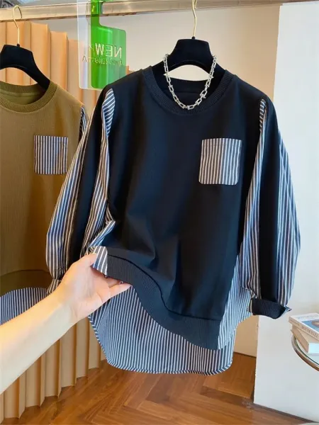 Oversized Layered Knit Top with Striped Sleeve and Pocket in Olive Brown - 15
