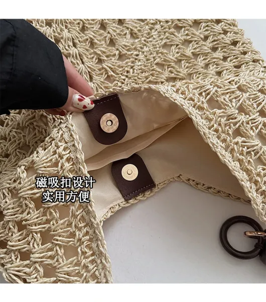 Handwoven Crochet Hobo Bag Beige-Brown Natural Fiber Shoulder Bag - 8