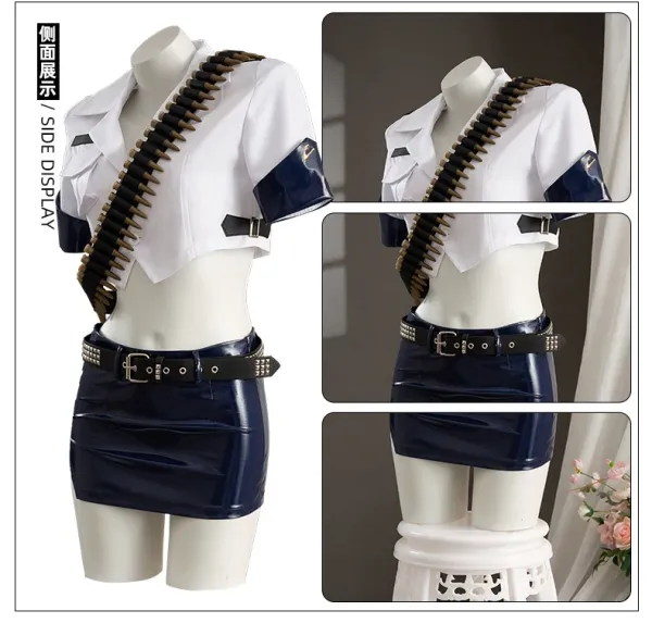 Cosplay Uniform Set White Black Denim Blue Hat Gloves Socks Belt Leg Bag - 8