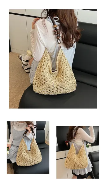 Handwoven Crochet Hobo Bag Beige-Brown Natural Fiber Shoulder Bag - 12