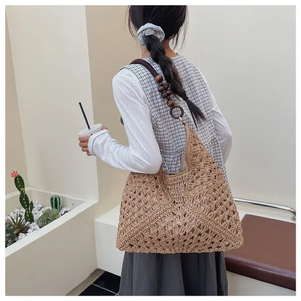 Handwoven Crochet Hobo Bag Beige-Brown Natural Fiber Shoulder Bag - 14