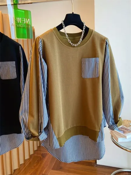 Oversized Layered Knit Top with Striped Sleeve and Pocket in Olive Brown - 2