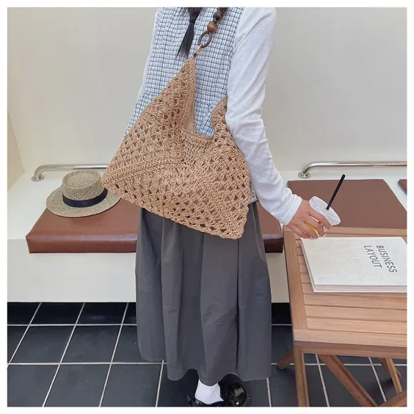 Handwoven Crochet Hobo Bag Beige-Brown Natural Fiber Shoulder Bag - 16