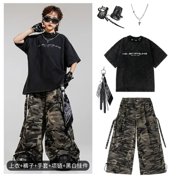 Design Streetwear Set: Acid Wash Black T-Shirt + Camo Cargo Pants + Leather Gloves + Cross Necklace + Bandana Keychain - 1