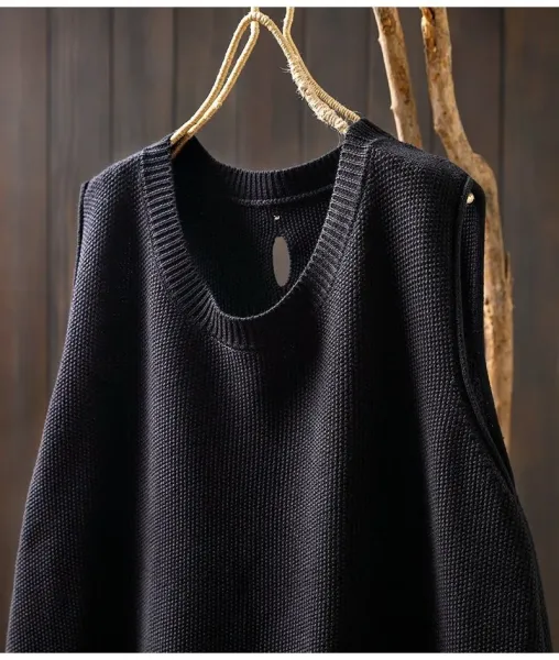Knit Button-Front Vest Top in Black with Gold Buttons - 8