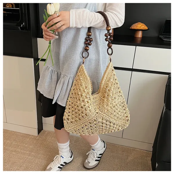 Handwoven Crochet Hobo Bag Beige-Brown Natural Fiber Shoulder Bag - 19
