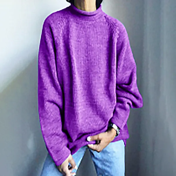 Purple High-Neck Knit Sweater - 1