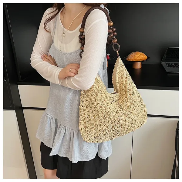 Handwoven Crochet Hobo Bag Beige-Brown Natural Fiber Shoulder Bag - 21