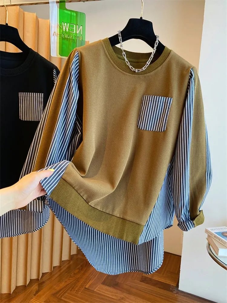 Oversized Layered Knit Top with Striped Sleeve and Pocket in Olive Brown - 10