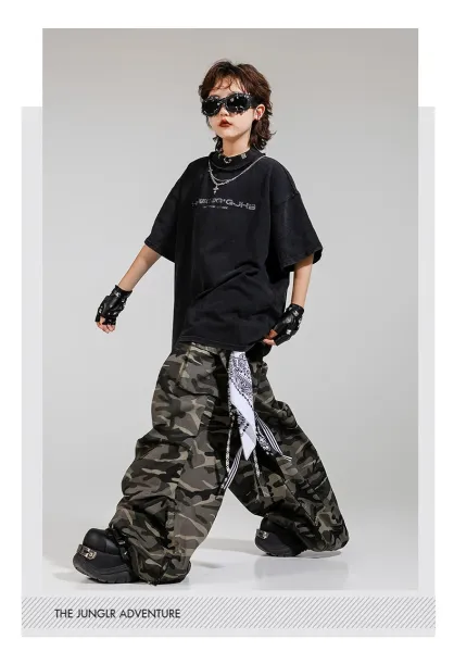 Design Streetwear Set: Acid Wash Black T-Shirt + Camo Cargo Pants + Leather Gloves + Cross Necklace + Bandana Keychain - 13