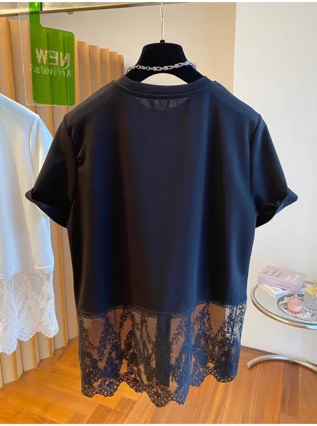Lace-Trimmed Oversized T-Shirt White - 18