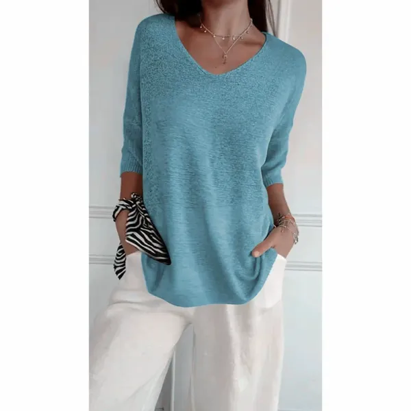 Blue V-Neck Knit Sweater Top with Ribbed Cuffs - 12