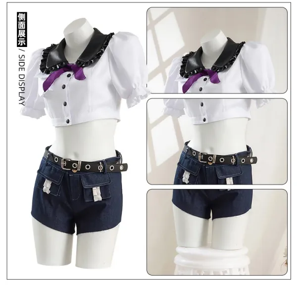 Cosplay Uniform Set White Black Denim Blue Hat Gloves Socks Belt Leg Bag - 12