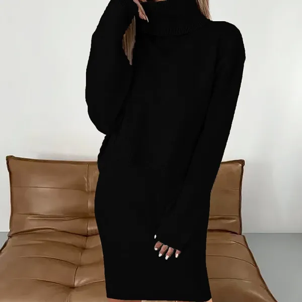 Black Turtleneck Knit Dress - 1