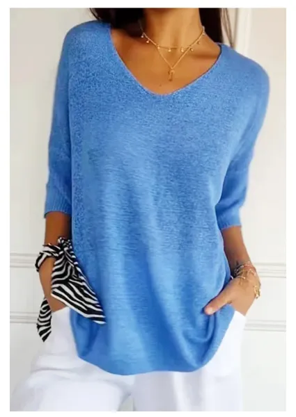 Blue V-Neck Knit Sweater Top with Ribbed Cuffs - 14