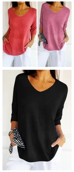 Blue V-Neck Knit Sweater Top with Ribbed Cuffs - 15