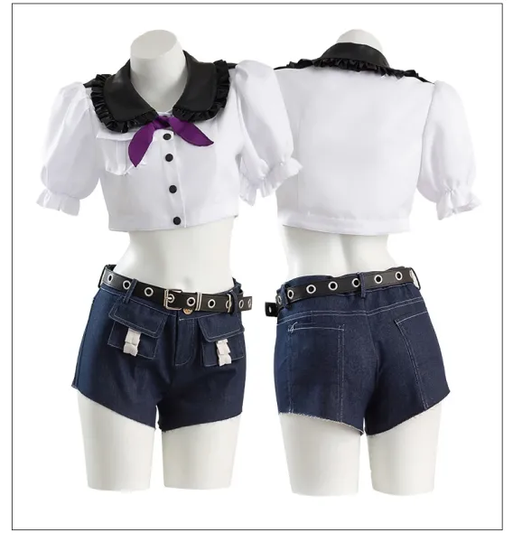 Cosplay Uniform Set White Black Denim Blue Hat Gloves Socks Belt Leg Bag - 14