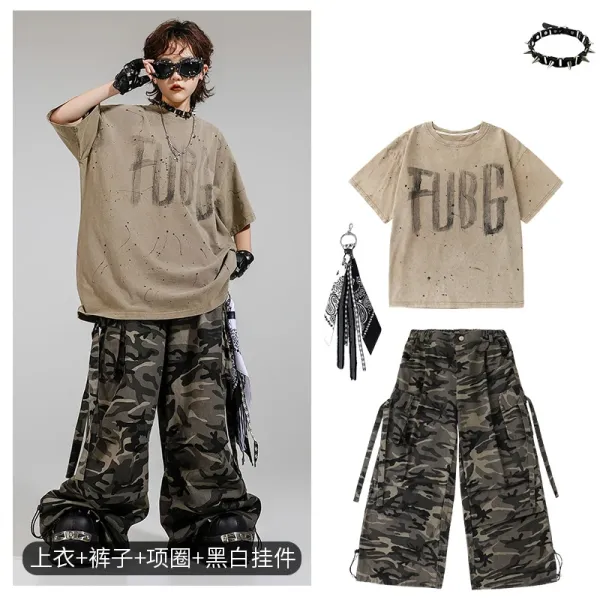 FUBG Distressed Graphic Tee + Camo Cargo Pants Set with Spiked Choker and Bandana Keychain - 1
