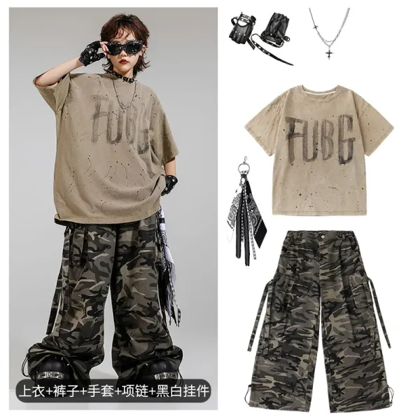 FUBG Distressed Graphic Tee + Camo Cargo Pants Set with Accessories - 1