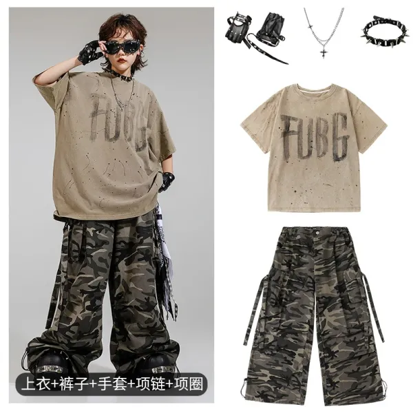 FUBG Graphic Oversized T-Shirt + Camo Cargo Pants + Spiked Accessories Set - 1