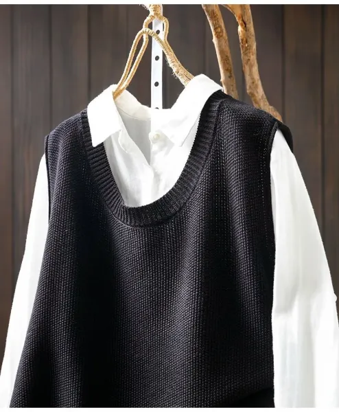 Knit Button-Front Vest Top in Black with Gold Buttons - 15