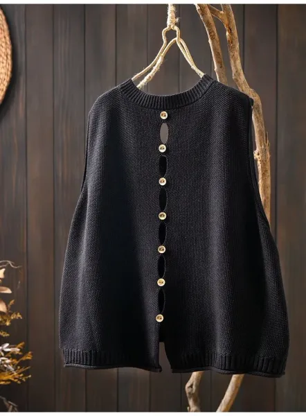 Knit Button-Front Vest Top in Black with Gold Buttons - 6