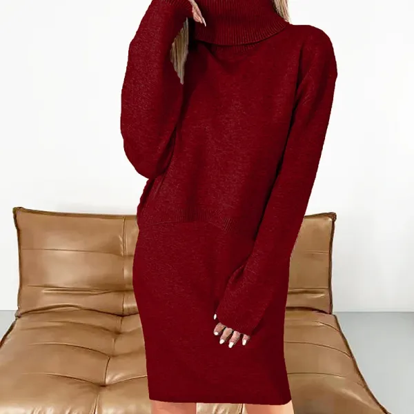 Burgundy Turtleneck Knit Dress - 1