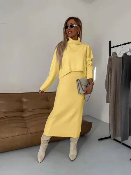 Yellow Knit Two-Piece Set with Turtleneck Top and Midi Skirt - 1