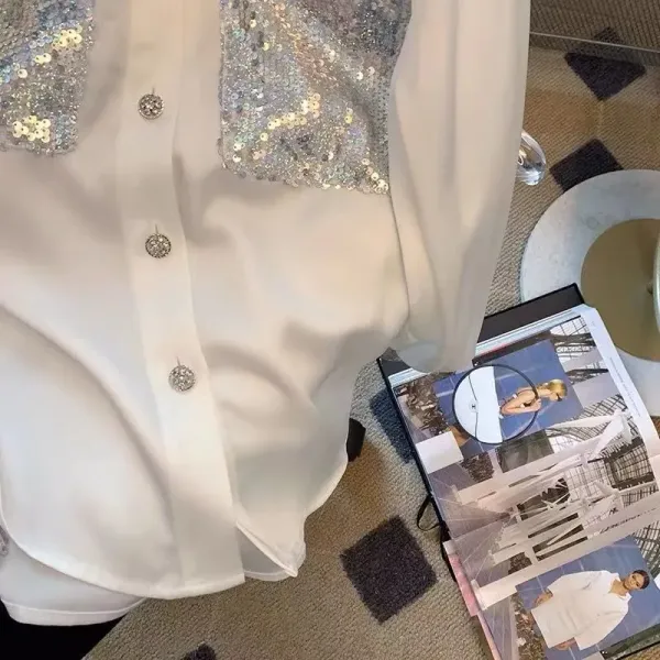 Sequined Embellished White Shirt - 4