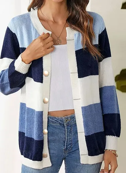 Multicolor Striped Knit Cardigan with Pearl Buttons - 3