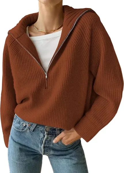 Ribbed Half-Zip Knit Sweater in Rust Brown - 1