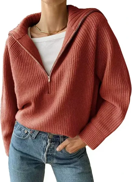 Ribbed Half-Zip Hooded Sweater in Terracotta - 1
