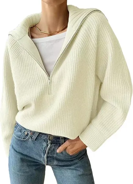 Ribbed Zip-Front Hooded Sweater in Cream - 1