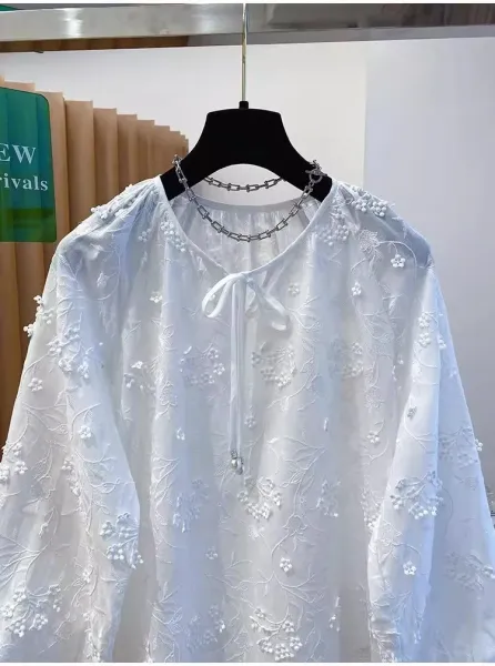 Embroidered Floral Lace Blouse White Tops - 6