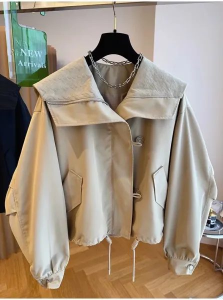 Design Oversized Collar Windbreaker Beige Outerwear - 3