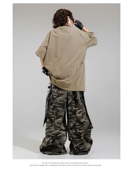 FUBG Distressed Graphic Tee + Camo Cargo Pants Set with Spiked Choker and Bandana Keychain - 15