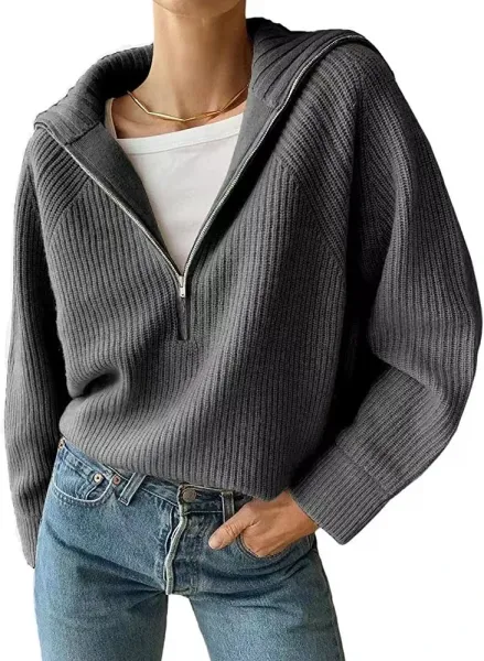 Ribbed Half-Zip Hooded Sweater Gray - 1