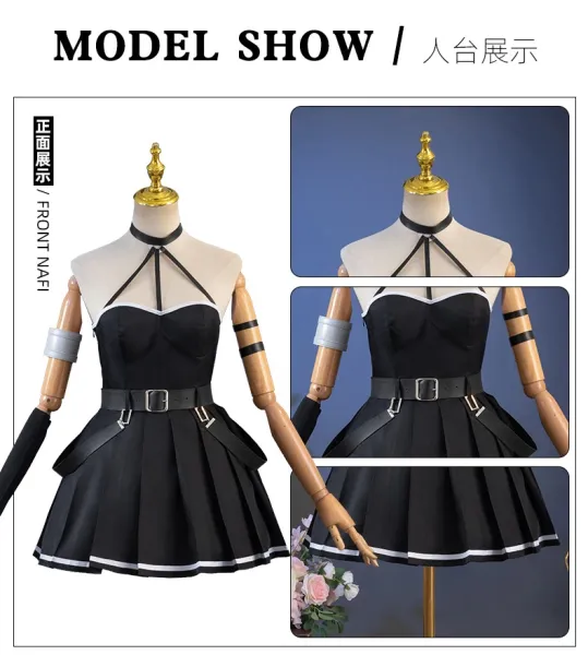 Cosplay Dress Set Black with White Trim Dress, Gloves, Belt, Arm Rings, Leg Ring - 6