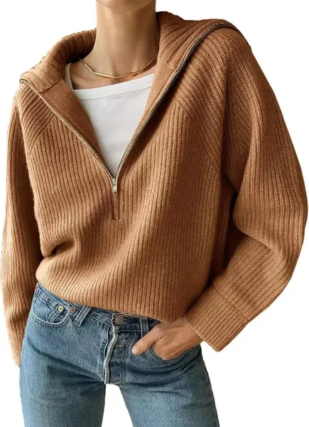 Ribbed Half-Zip Hooded Sweater in Camel - 1