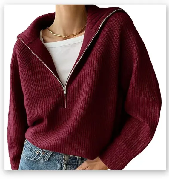 Ribbed Zip-Front Hooded Sweater in Burgundy - 14