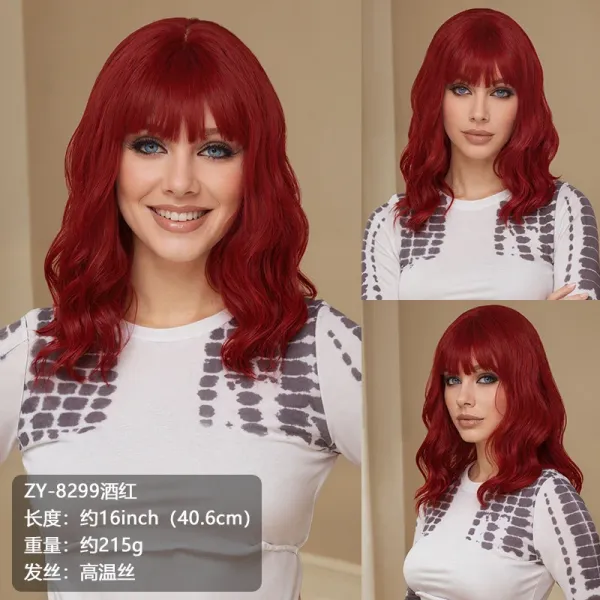 ZY-8299 Wine Red Synthetic Wig with Bangs - 1