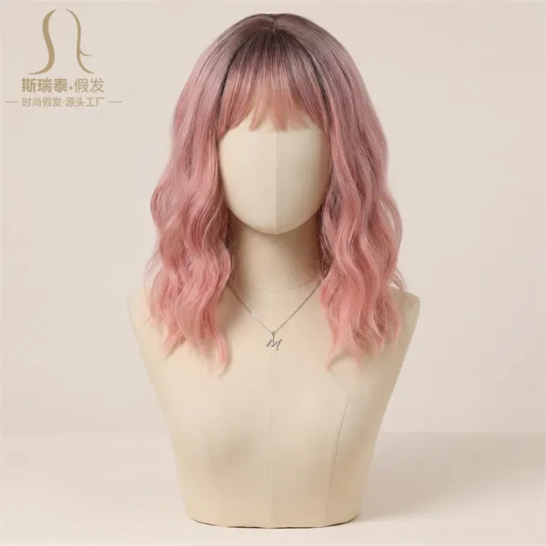 Fantasywig ZY-104032 Pink Ombre Wavy Bob Wig with Bangs - 11
