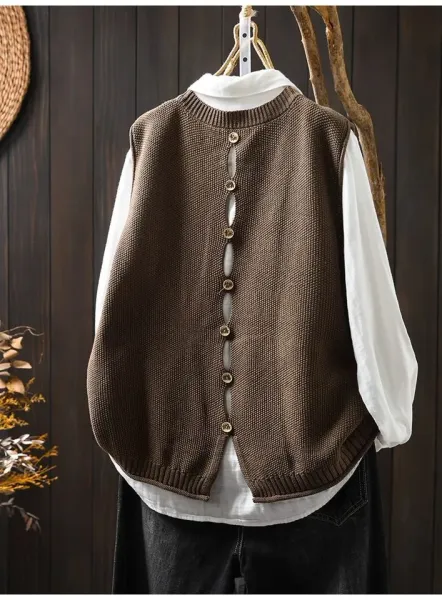 Knit Button-Front Vest Top in Black with Gold Buttons - 23