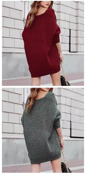 Oversized V-Neck Ribbed Knit Sweater Dress in Blue - 12