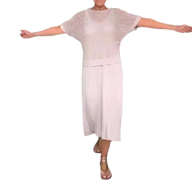Design Open-Knit Cropped Top and Flowy Midi Skirt Set in Pale Pink - 1