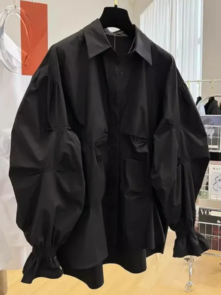 Oversized Puff-Sleeve Shirt Black - 1