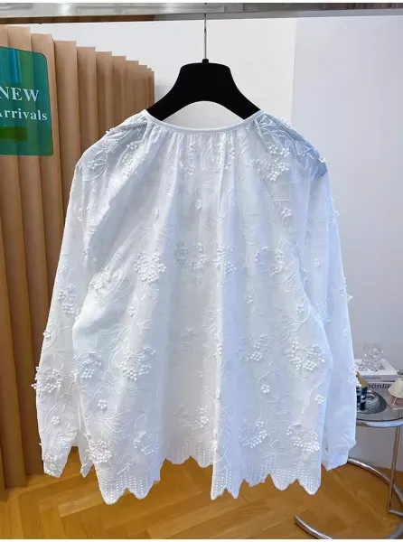 Embroidered Floral Lace Blouse White Tops - 12