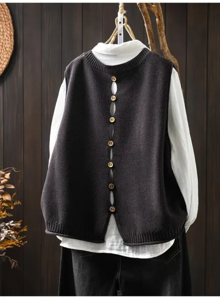 Knit Button-Front Vest Top in Black with Gold Buttons - 27