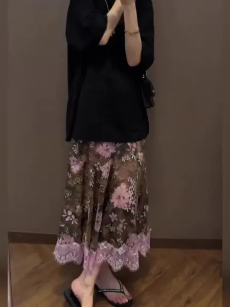 Floral Lace Hem Midi Skirt in Brown and Pink - 2