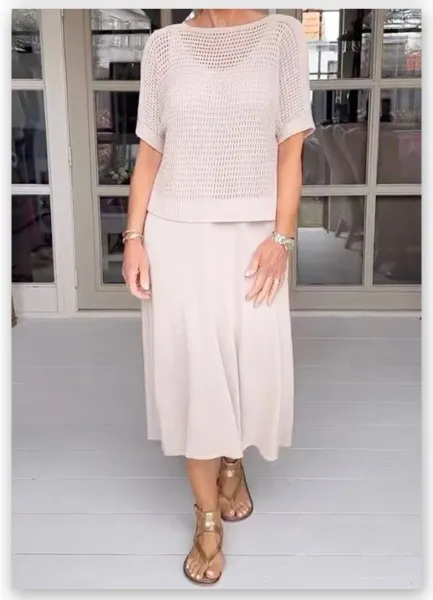 Design Open-Knit Cropped Top and Flowy Midi Skirt Set in Pale Pink - 12